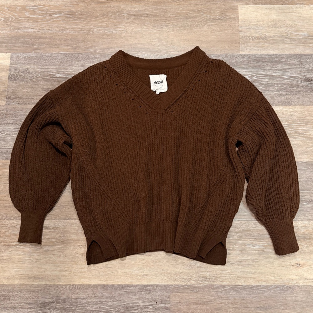 Aerie Chocolate Brown V-Neck Oversized Sweater
